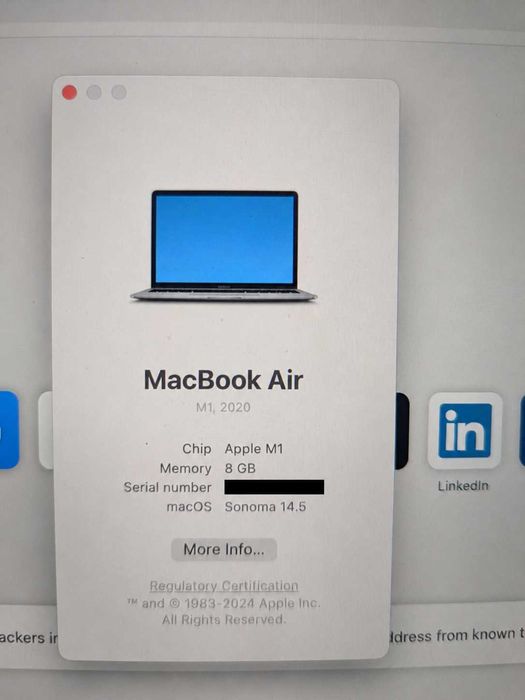 macbook air m1 2020, 8gb ram, 256ssd