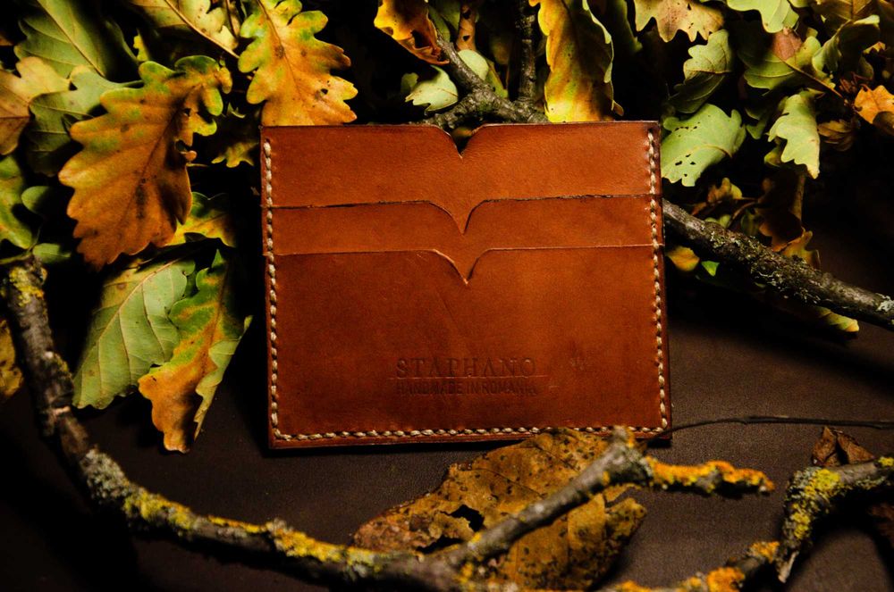 Portcard piele naturală maro handmade - Staphano
