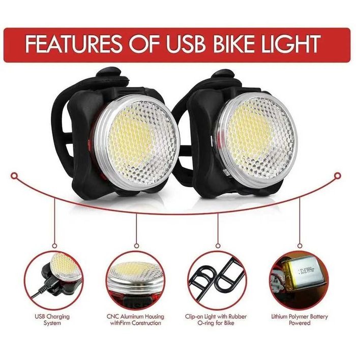 2 в 1 Компактен LED фар и стоп за велосипед Бяла/Червена светлина, USB