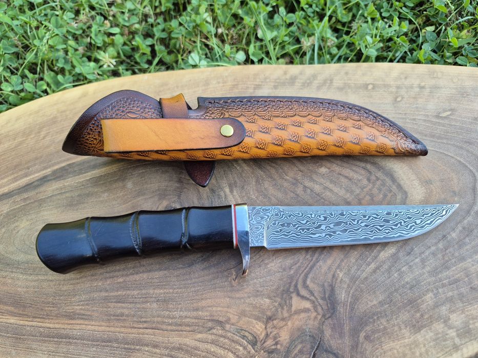 Японски ловен нож DAMASKUS AB,дамаска стомана VG10,кожена кания,LN418