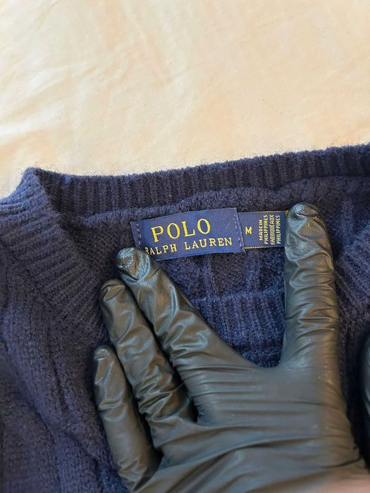 Pulover Ralph Lauren bleumarin, model cablu, logo roșu – mărimea M