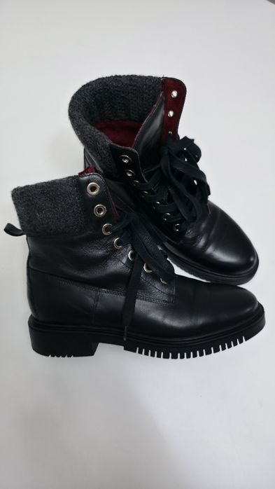 Ghete din piele cu manseta tricotata din lana, negre, marimea 38