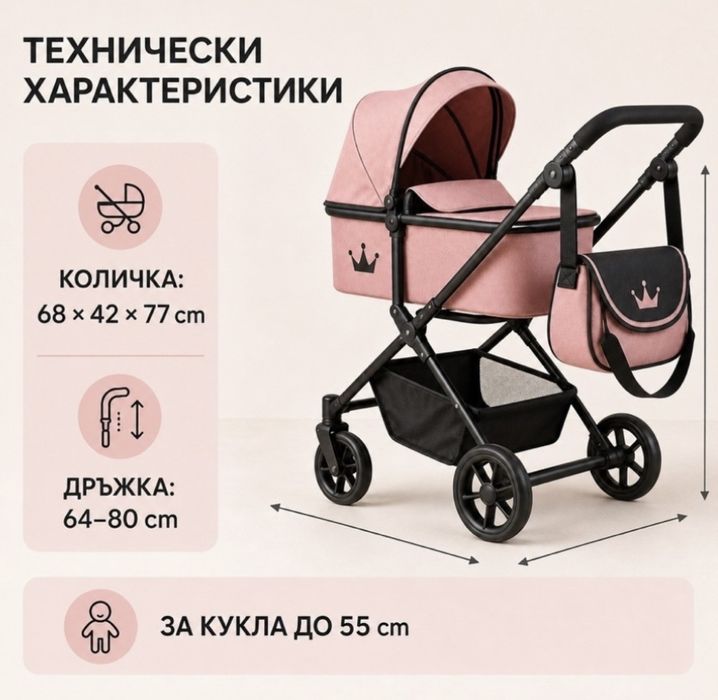 Количка за кукли 2 в 1 Принцеса в розово и черно
