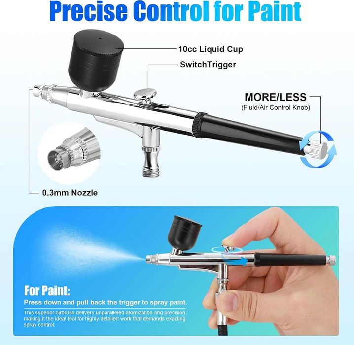Set aerograf 50 PSI cu compresor pentru decorarea torturilor, machiaj, modelism | Set aerograf multifuncțional cu acțiune dublă cu duze
