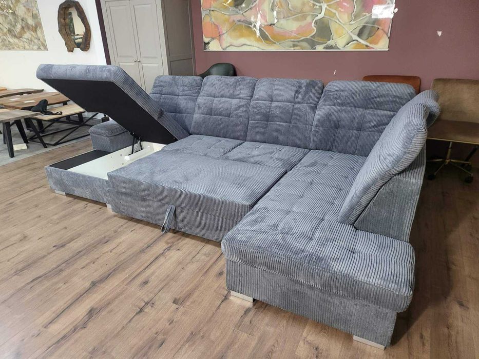 Сив П - образен ъглов диван от плат рипсено кадифе Nixon с функция сън