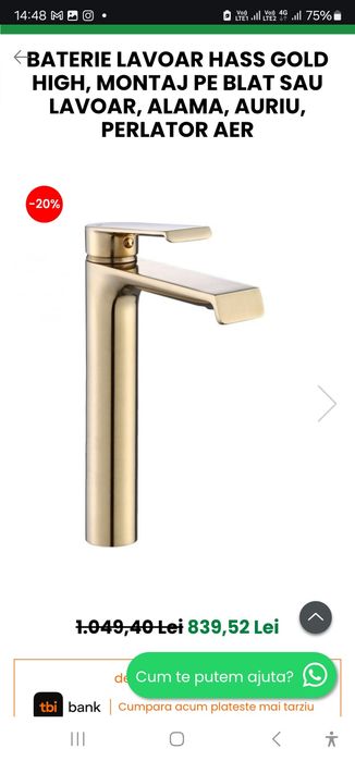 Baterie lavoar Hass Gold High auriu din alama