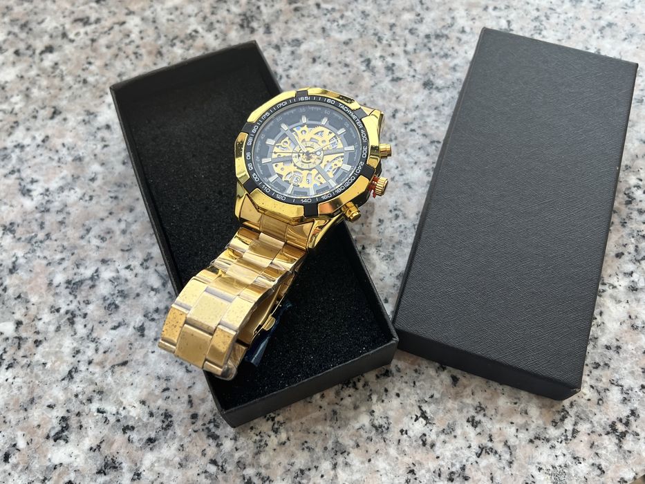Ceas Skeleton Tachymeter NOU Gold Sapphire Barbat