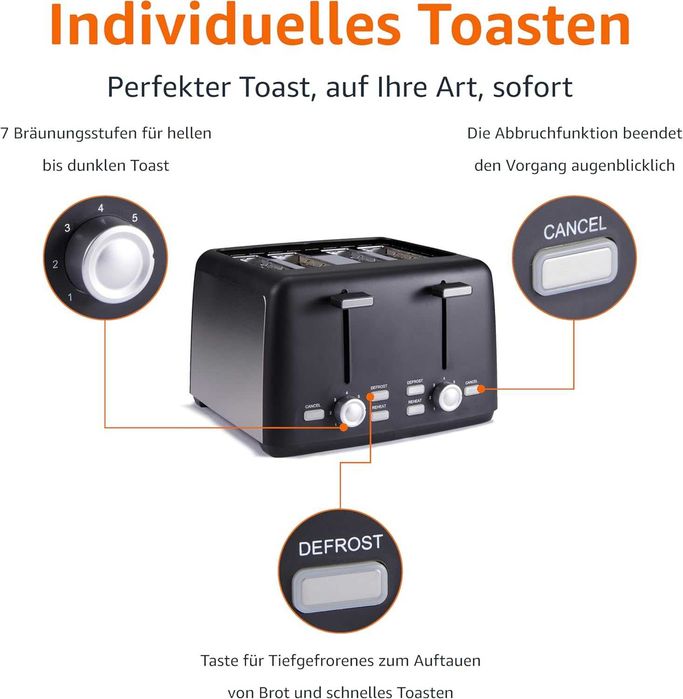 Тостер за 4 филии Amazon Basics със 7 нива на изпичане 1500 W