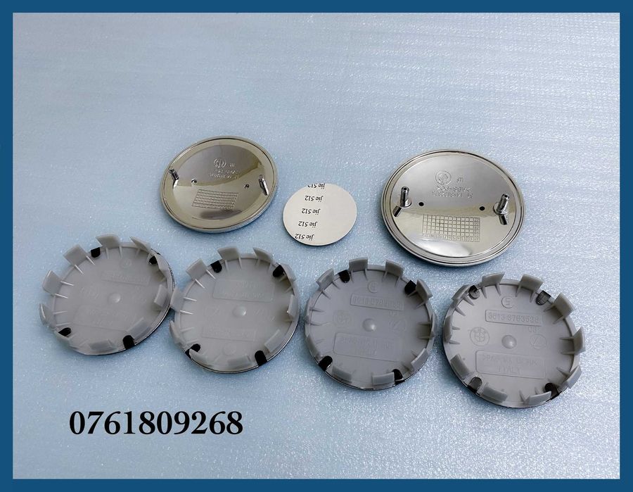 Set complet 7 embleme si capace aluminiu logo BMW pentru capota / portbagaj / volan / jante