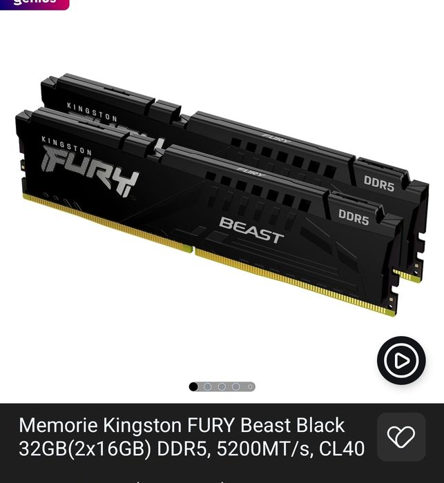 Memorie Kingston FURY Beast Black 32GB(2x16GB) DDR5, 5200MT/s, CL40