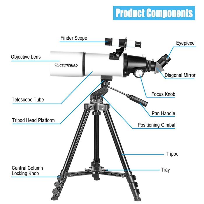 Телескоп с голямо увеличение, апертура 80 мм, 600 мм, раница...