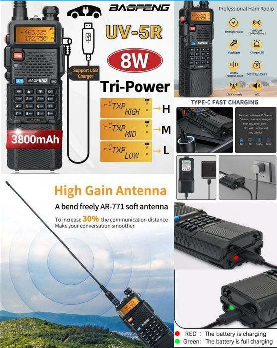 Baofeng DM-32 10W / UV-5R 8W + Baterie 3800mAh NOU Type-C!
