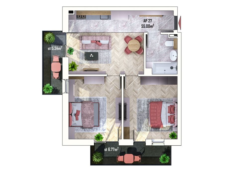 3 camere | Estimo Park | Etaj 2 | Balcoane 12.11 mp | Semifinisat