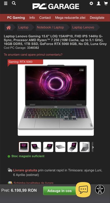 Lenovo Gaming LOQ 15AHP10,Ryzen 7, Geforce RTX 5060, 1TB  SSD, sigilat