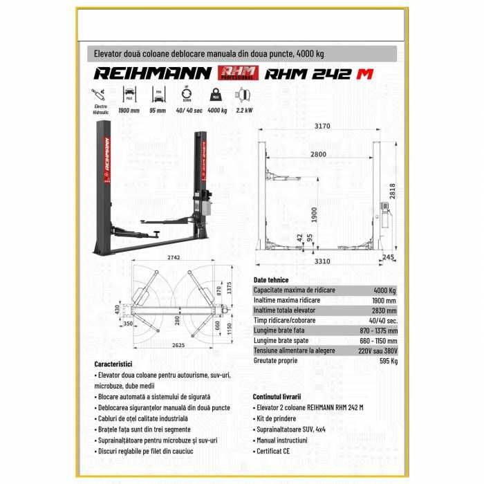 Elevator 2 coloane, brate fata 3 segmente/asimetrice, cod-RHM 242M