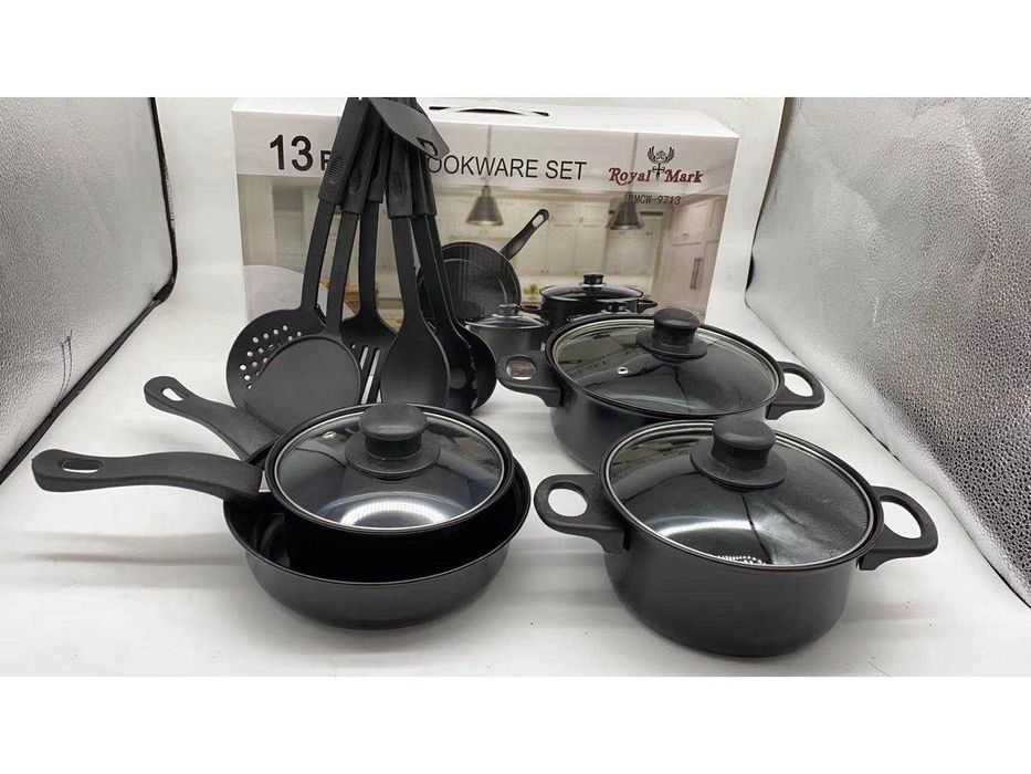 Комплект съдове за готвене от 13 части, Незалепващо покритие, Черни