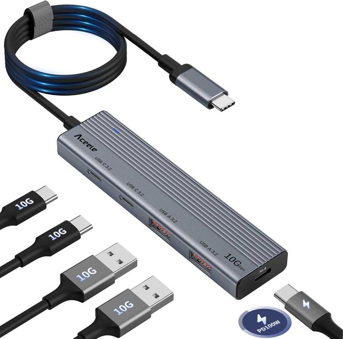 Aceele USB 3.2 Gen 2 Адаптер 10Gbps– 4-портов ултра бърз хъб с USB-C/A