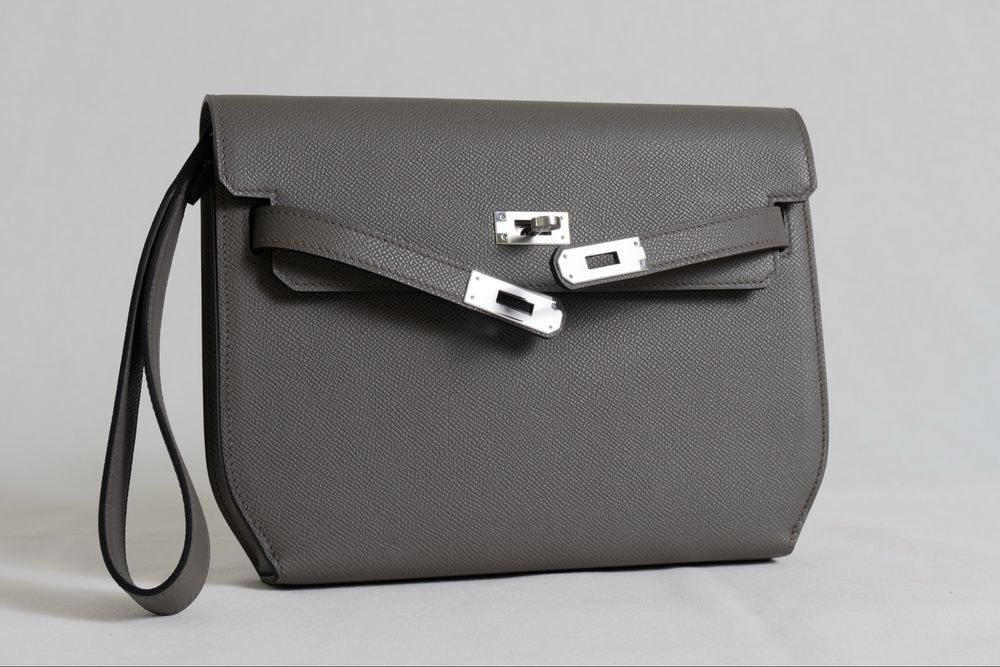Hermès Kelly Dépêches 25 Epsom Etain, нова, пълен комплект