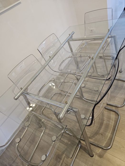 Masa dining Mobexpert din sticla+6 scaune Ikea Tobias