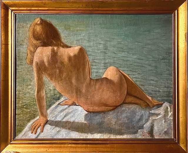”NUD PRIVIND MAREA”-Tablou F, Foarte VECHI, ulei/pânză, pictor francez, MARE, 70x55cm (83x68 ccu ramă) -DE COLECȚIE!