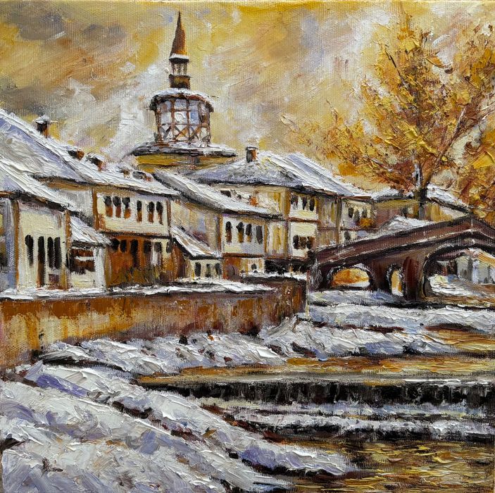 “Златна зима в Трявна” -  ръчно рисувана маслена картина с рамка