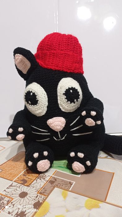 Игрушка ручной работы чёрный котик рост 25 см