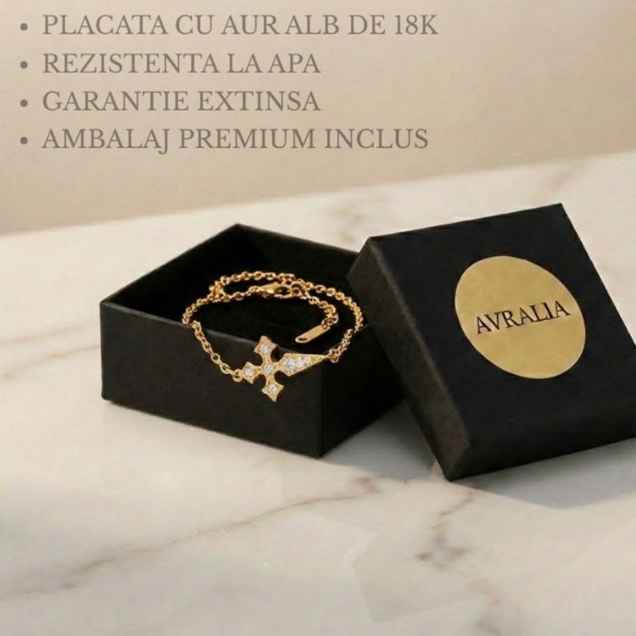 Bratara Premium Placata Aur 18K - Cruce Cristale, Set Cadou Inclus