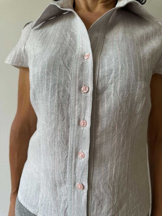 Дамска лятна блуза бежева лен-Gevanel, с къс ръкав и яка, размер S