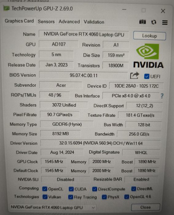 Acer nitro v16.RTX4060 8gb/Ryzen7 8845HS/16gb ddr5/512gb ssd/16"IPS