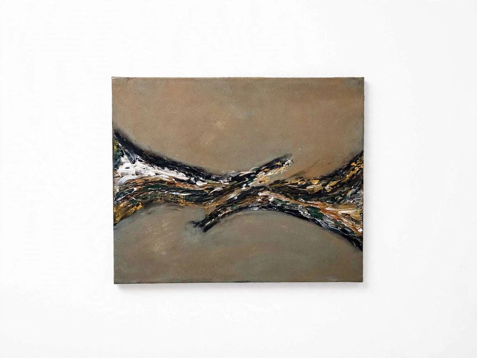 Tablou Abstract Modern 60x50 cm - Texturat 3D - Bej, Negru, Auriu - Pictură pe Pânză