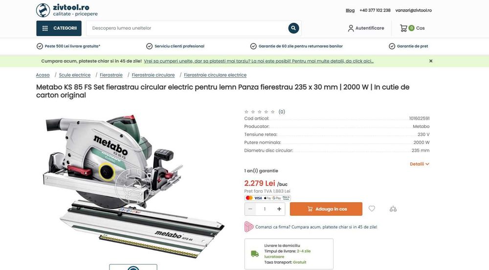 Metabo KS 85 FS Set fierastrau circular electric pentru lemn/nou