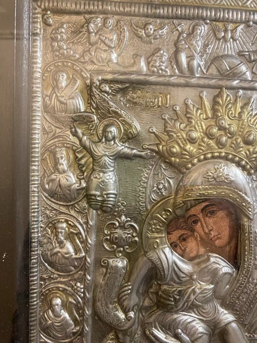 Icoana mare veche ortodoxa greceasca metal Sf. Fecioara Maria