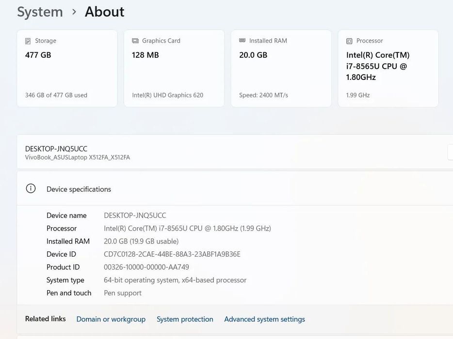 Laptop ASUS VivoBook X512FA, 20GB RAM, i7 Gen 8