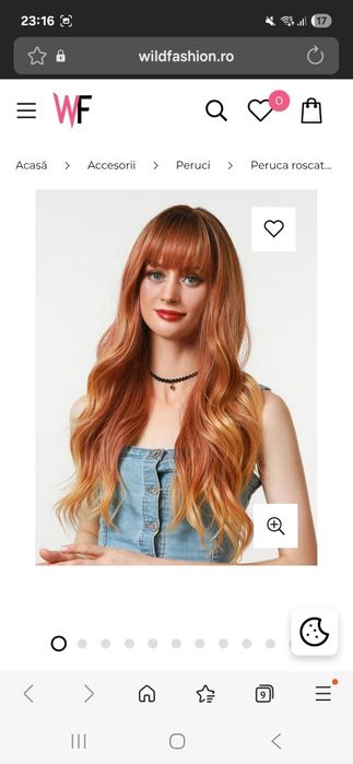 Peruca roscata cu par lung in valuri si breton