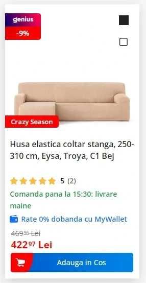 NOU | Husa elastica canapea coltar stanga, 250-310cm, Eysa, Troya, Bej