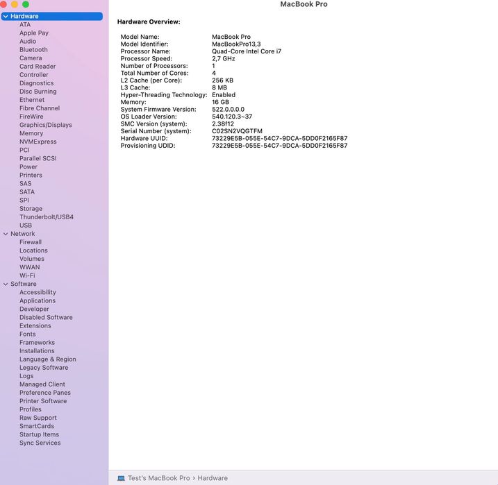 MacBookPro15,4 500GB Quad-Core Intel Core i7 2,7GHz RAM16GB