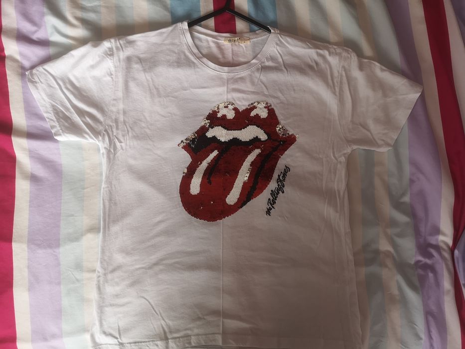 Бяла тениска Rolling stones с пайети