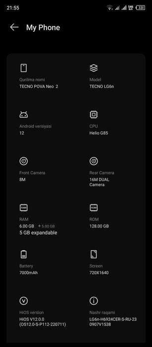 Tecno pova neo 2 xotira 128/11 batareya 7000 amper aybi yo‘q ideal