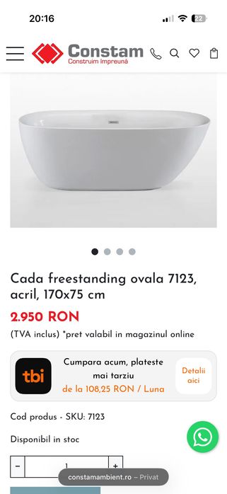 Vând Cada Freestanding avala 7123 acril ,170*75 cm cu baterie .