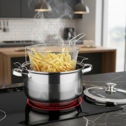 Тенджера с кошница за пържене и стъклен капак Cheffinger Ø24 см – инокс, 6,5 л, за всички котлони