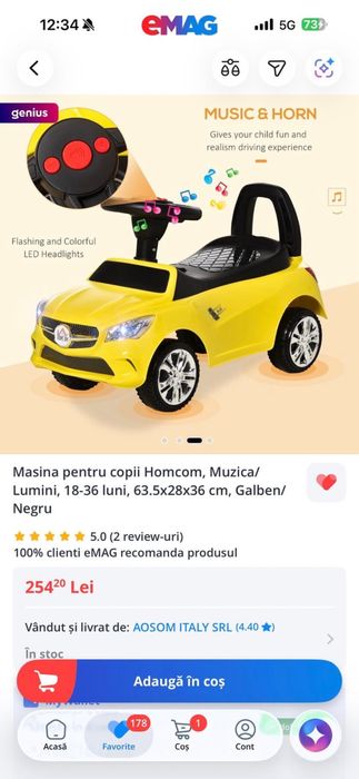 Vand Masina pentru copii Homcom, nefolosita,Muzica/Lumini, potrivita pentru 18-36 luni