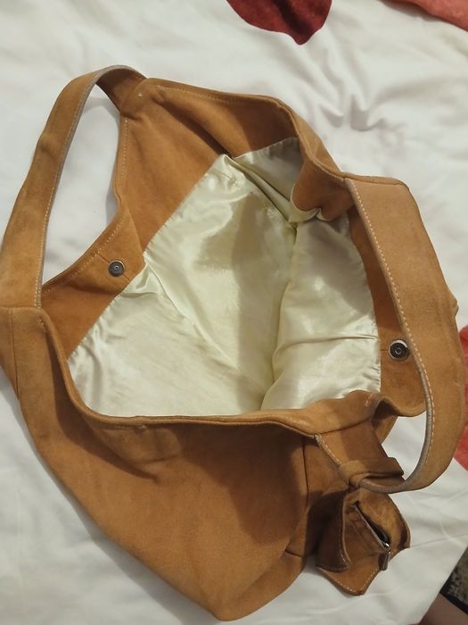 Geantă maxi din piele întoarsă naturală, culoare cognac/camel, foarte încăpătoare