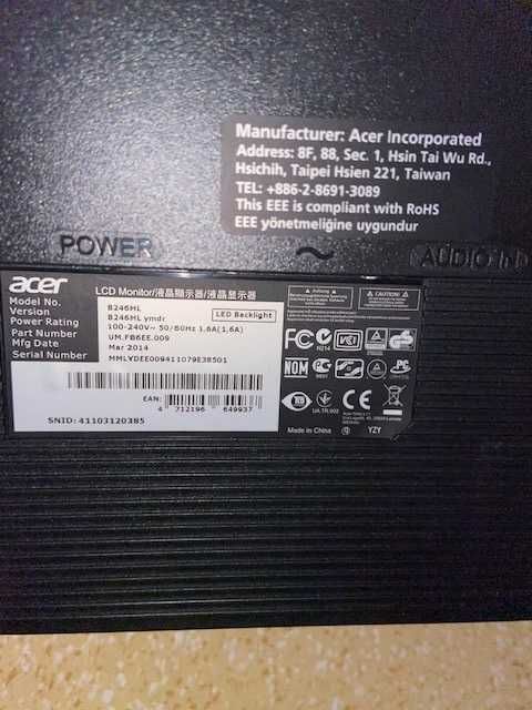 Vând monitor Acer LED Backlight – model B246HL, 61 cm