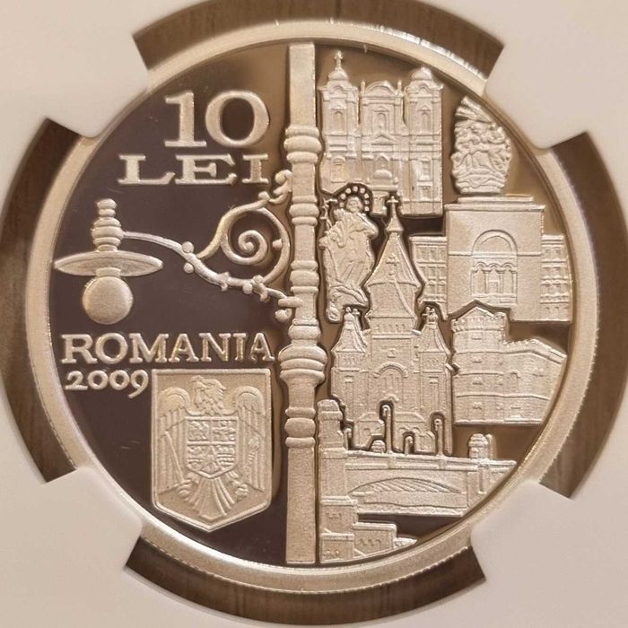 Moneda BNR 10 lei argint Timisoara primul oras... gradata NGC PF 69 UC