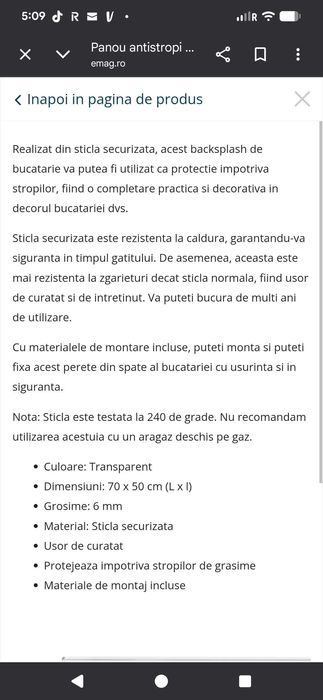 Panou Emag antistropi NOU (sigilat  bucatarie sticlă securizată VIDAXL