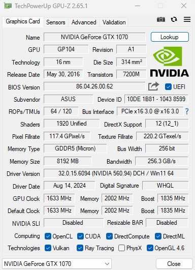 Placa video ASUS GTX 1070 STRIX, 8GB GDDR5, 256-bit.