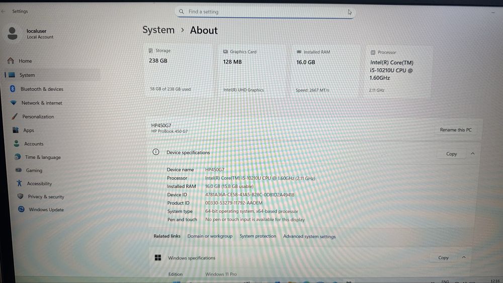 Лаптоп HP Probook 450 G7 15.6” Intel i5-10210u 16GB RAM 256GB SSD