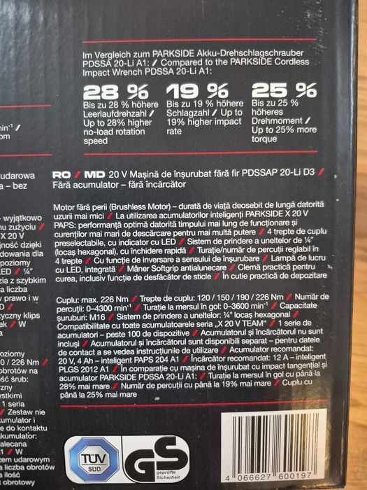 Masina de insurubat (impact) cu acumulator PARKSIDE PDSSAP 20-Li D3