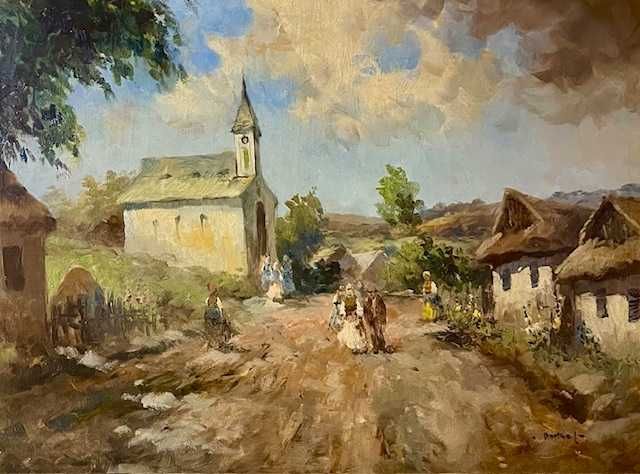 "Sat transilvan" SUPERB! Tablou VECHI, ulei/panza, semnat 80x60cm+Rama