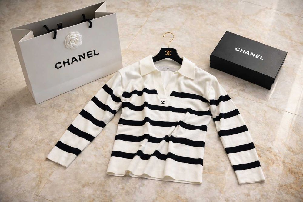пуловер бял рае шанел черно бял chanel с яка плетен блуза ръкав дълъг